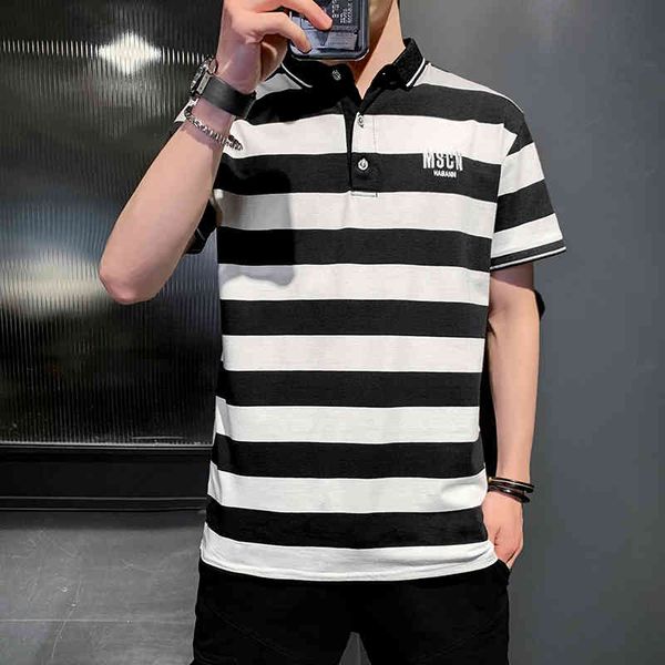 men's polos 2021 summer short sleeve shirt half korean thin fashion striped, White;black
men's polos 2021 summer short sleeve shirt half korean thin fashion striped, White;black