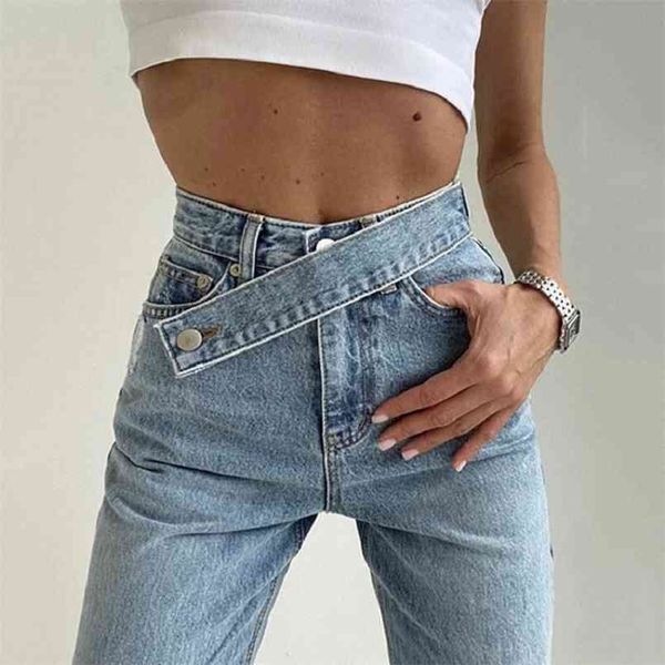 women high waist jeans pant loose solid denim pants button autumn oblique belt retro ladies zipper blue floor 210508
women high waist jeans pant loose solid denim pants button autumn oblique belt retro ladies zipper blue floor 210508