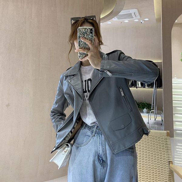 women's leather & faux korean blue-grey pu jacket spring autumn slim lapel long sleeve motorcycle biker streetwear fashion, Black
women's leather & faux korean blue-grey pu jacket spring autumn slim lapel long sleeve motorcycle biker streetwear fashion, Black