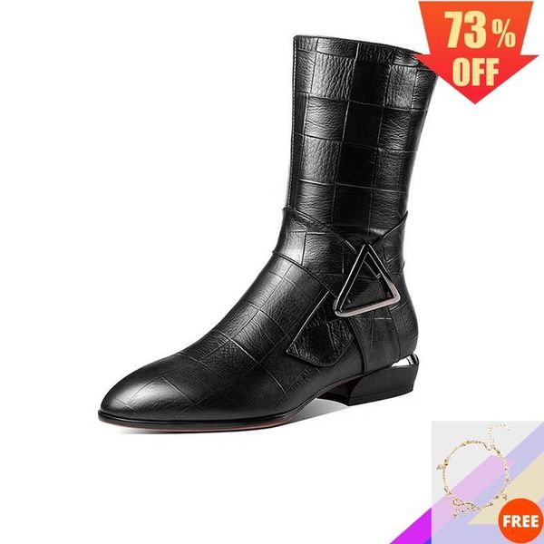 boots 2021 mid-calf pu leather heeled booties plush fur woman winter black ladies british size 35-43
