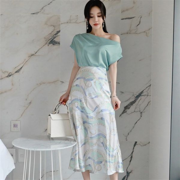 women summer fashion 2-piece set slash neck + high waist print skirt sets elegant suit 210519, White
women summer fashion 2-piece set slash neck + high waist print skirt sets elegant suit 210519, White