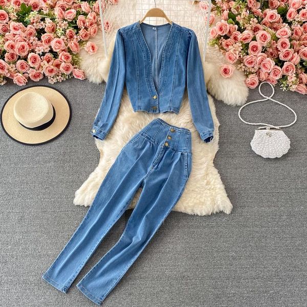 women's two piece pants autumn high waist short deep v-neck cowboy coat two-piece suit small leg long, White
women's two piece pants autumn high waist short deep v-neck cowboy coat two-piece suit small leg long, White