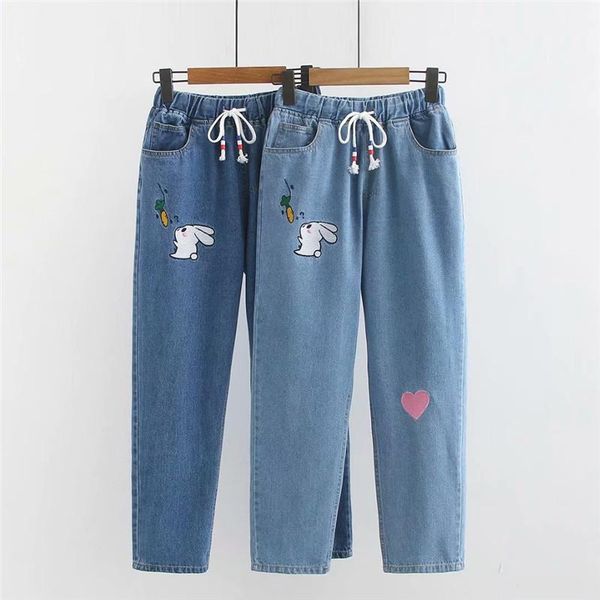 women's jeans fashion student embroidery denim casual pants women elastic waist loose straight girl high sweet 3296, Blue
women's jeans fashion student embroidery denim casual pants women elastic waist loose straight girl high sweet 3296, Blue