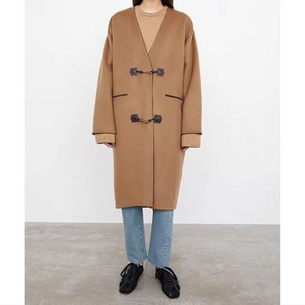 women's wool & blends women double-sided woolen mid-length coat 2021 winter ladies v-neck long sleeve retro leather buckes outwear jack, Black
women's wool & blends women double-sided woolen mid-length coat 2021 winter ladies v-neck long sleeve retro leather buckes outwear jack, Black