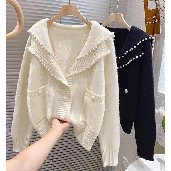 women's knits & tees fall 2021 vintage japanese pearl sweater female sweet brought heavy knitting cardigan reduction, White 
women's knits & tees fall 2021 vintage japanese pearl sweater female sweet brought heavy knitting cardigan reduction, White
