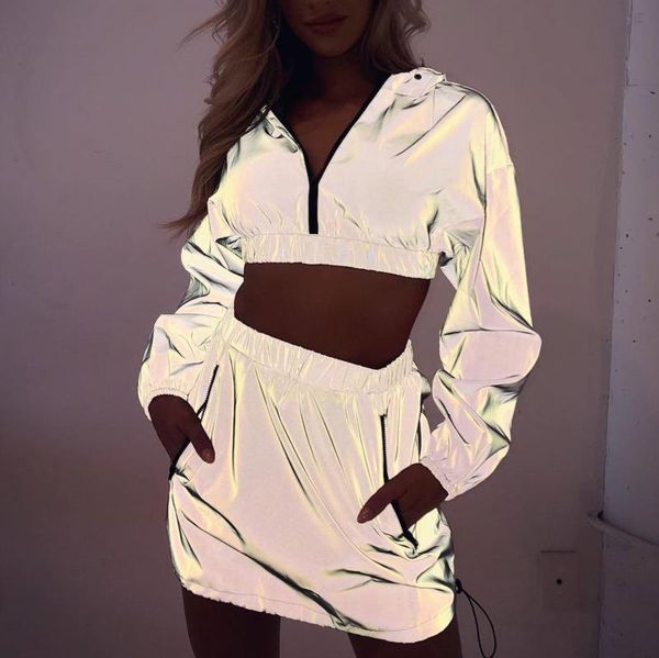 women 2 pieces dress set reflective long sleeve cropped hoodies mini skirt fashion female loose zip collar pullover femme women's two p, White
women 2 pieces dress set reflective long sleeve cropped hoodies mini skirt fashion female loose zip collar pullover femme women's two p, White