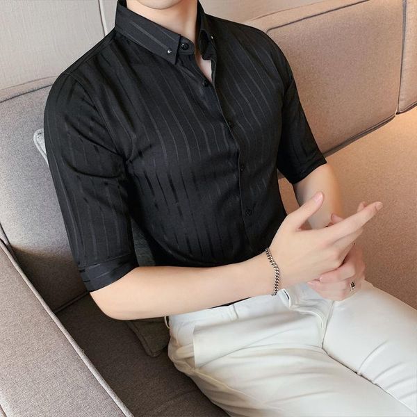 men's casual shirts summer striped half sleeve shirt simple black white business formal dress streetwear camisa social masculina men, White;black
men's casual shirts summer striped half sleeve shirt simple black white business formal dress streetwear camisa social masculina men, White;black