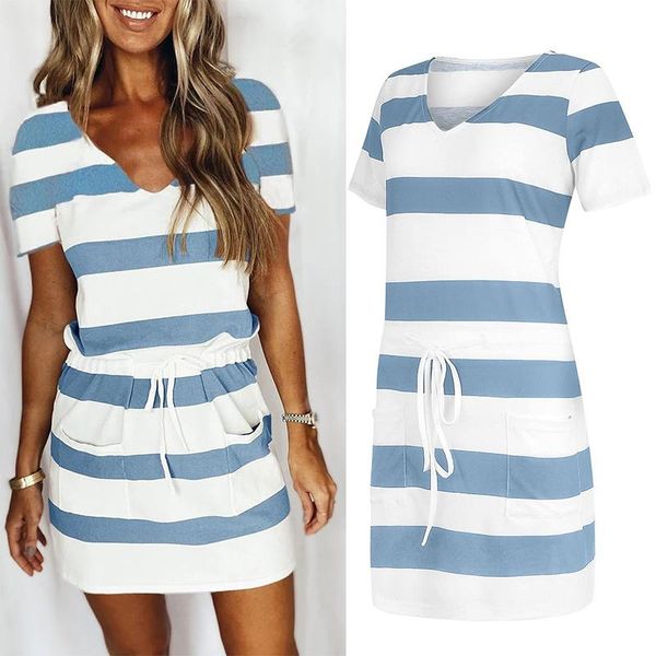 casual dresses summer striped women's v-neck drawstring short sleeve dress ladies pocket patchwork, Black;gray
casual dresses summer striped women's v-neck drawstring short sleeve dress ladies pocket patchwork, Black;gray
