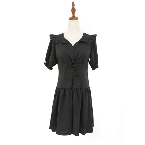 v neck short sleeve puff mini dress summer women black white solid a-line ruffle button d1986 210514, Black;gray
v neck short sleeve puff mini dress summer women black white solid a-line ruffle button d1986 210514, Black;gray