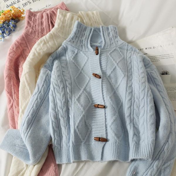 women's knits & tees 2021 autumn winter twist sweater coat sueters de mujer long sleeve turtleneck knitted cardigan plaid horn button, White
women's knits & tees 2021 autumn winter twist sweater coat sueters de mujer long sleeve turtleneck knitted cardigan plaid horn button, White