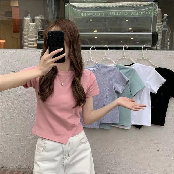 women's t-shirt ikengling girls short irregular short-sleeved shirt summer 2021 design sense niche slimming black wear, White 
women's t-shirt ikengling girls short irregular short-sleeved shirt summer 2021 design sense niche slimming black wear, White