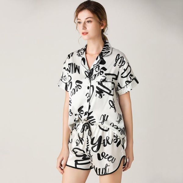 women sleepwear summer faux silk pajamas set printed nightwear for female short sleeves lace homewear, Black;red
women sleepwear summer faux silk pajamas set printed nightwear for female short sleeves lace homewear, Black;red