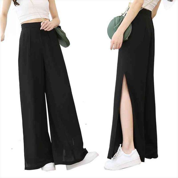 wkoud womens wide leg pants black solid chiffon loose trousers side split high waist pants female length summer pant p8383, Black;white
wkoud womens wide leg pants black solid chiffon loose trousers side split high waist pants female length summer pant p8383, Black;white