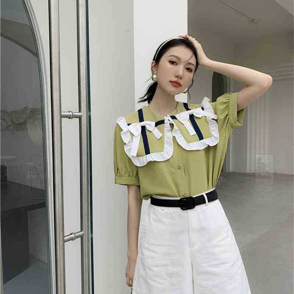 women's two piece pants sailor collar mustard green shirt for women and blouses korean fashion button up short slee pef0, White
women's two piece pants sailor collar mustard green shirt for women and blouses korean fashion button up short slee pef0, White