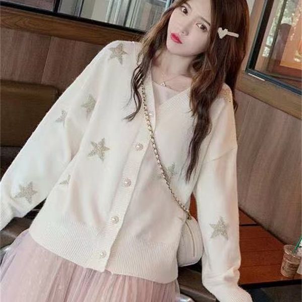 women coat korea women's v-neck laziness-style sweater loose-fit versatile star western style knitted, White
women coat korea women's v-neck laziness-style sweater loose-fit versatile star western style knitted, White