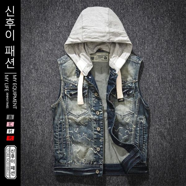 men's vests fashion clothing spring autumn casual hooded detachable hat print denim vest american retro multi-pocket waistcoat jackets, Black;white
men's vests fashion clothing spring autumn casual hooded detachable hat print denim vest american retro multi-pocket waistcoat jackets, Black;white