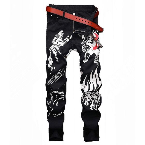 men's jeans fashionable youth pants slim-fit skinny personality printed, Blue
