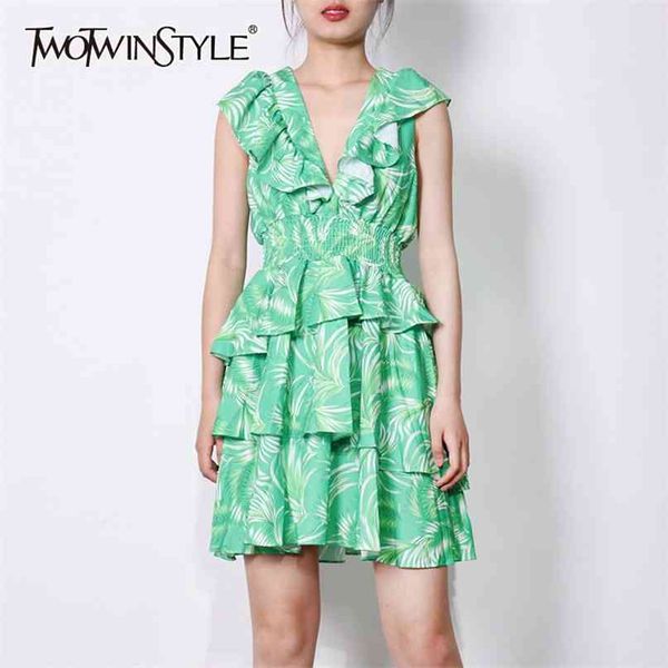 green print dress for women v neck sleeveless high waist patchwork ruffle midi dresses female summer clothing 210520, Black;gray 
green print dress for women v neck sleeveless high waist patchwork ruffle midi dresses female summer clothing 210520, Black;gray