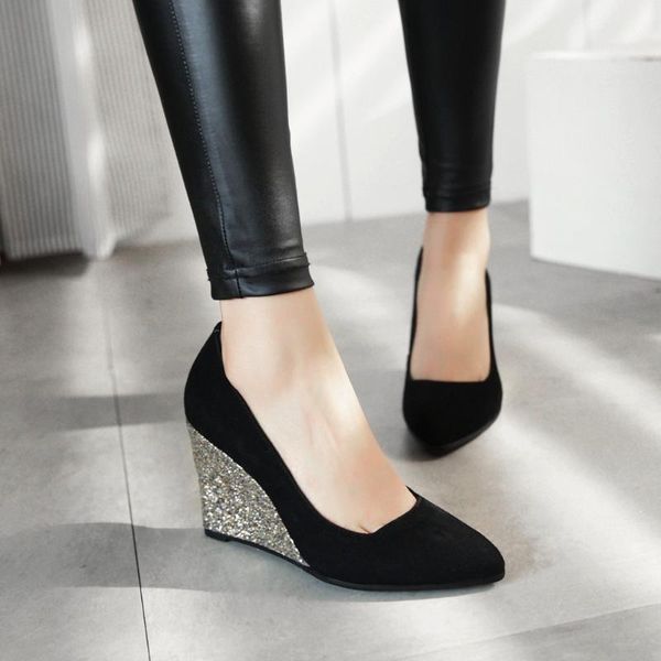 dress shoes large size women's 2021 spring work suede pointed toe high heel wild frosted sequin wedge, Black
dress shoes large size women's 2021 spring work suede pointed toe high heel wild frosted sequin wedge, Black