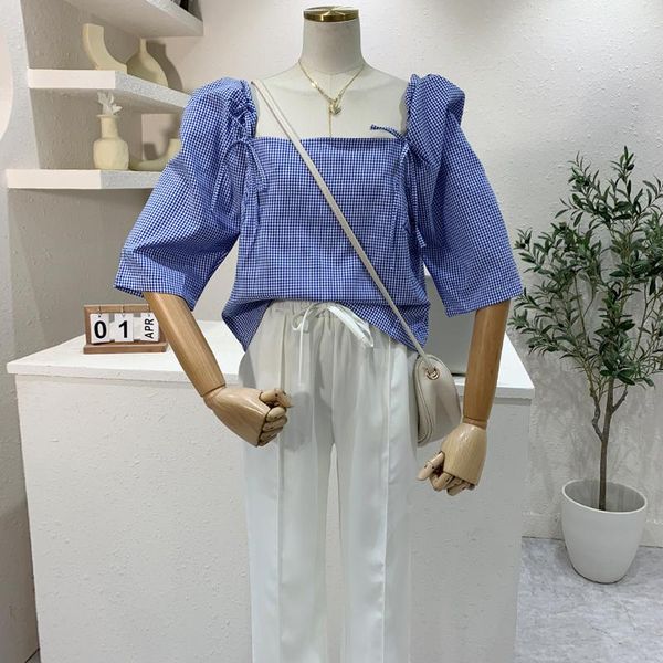 women's t-shirt summer shirt korean square collar plaid puff short-sleeved female casual loose, White
women's t-shirt summer shirt korean square collar plaid puff short-sleeved female casual loose, White