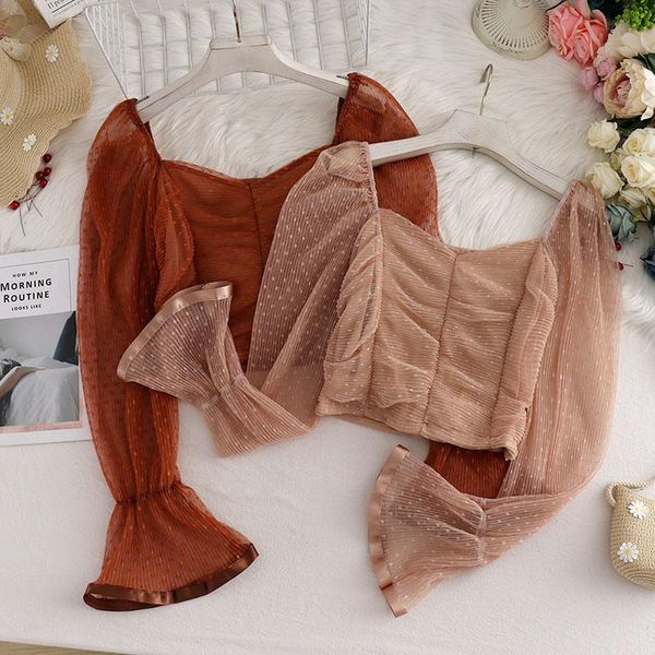 women's blouses & shirts summer blouse sweet polka dot mesh women retro square collar folds and thin trumpet sleeve shirt pl236, White
women's blouses & shirts summer blouse sweet polka dot mesh women retro square collar folds and thin trumpet sleeve shirt pl236, White