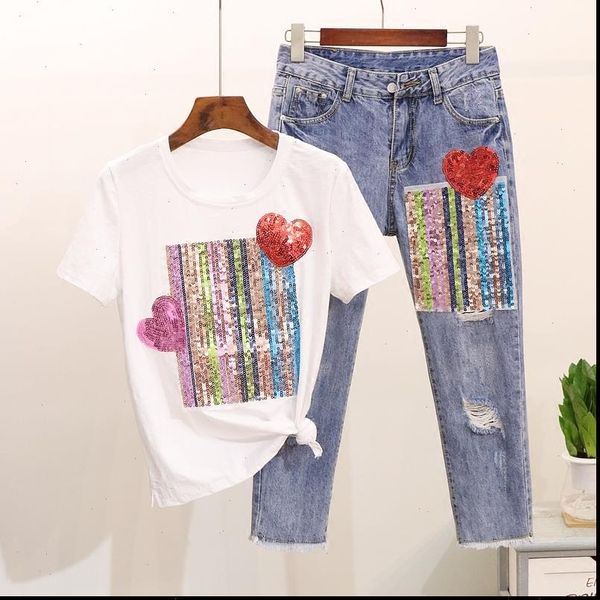 women tracksuits 5xl summer sequined heart t shirts denim pants sets cotton ankle length hole trousers 2 piece set, Gray
women tracksuits 5xl summer sequined heart t shirts denim pants sets cotton ankle length hole trousers 2 piece set, Gray