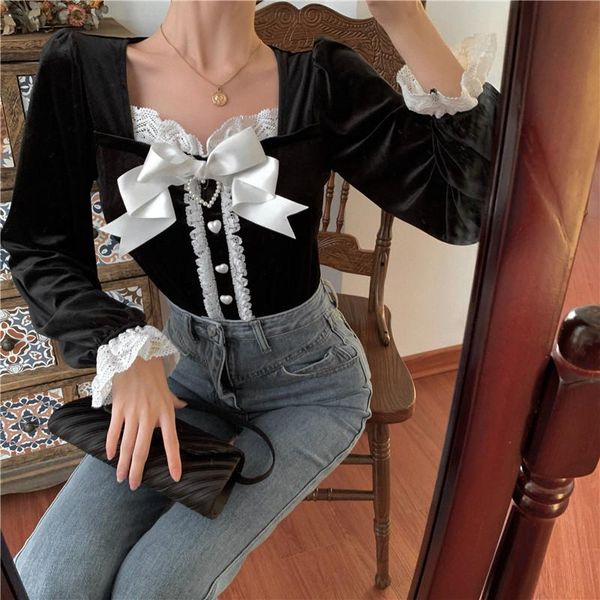 women's blouses & shirts autumn winter women french style bow lace ruffles long flare sleeve spring ladies retro chic courtly velvet, White
women's blouses & shirts autumn winter women french style bow lace ruffles long flare sleeve spring ladies retro chic courtly velvet, White