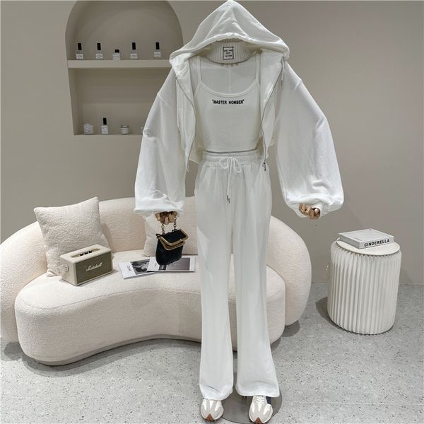 pant spring summer niche design fashions tender women's vest with hoodie short sweater leg loose pants three pieces together, White
pant spring summer niche design fashions tender women's vest with hoodie short sweater leg loose pants three pieces together, White