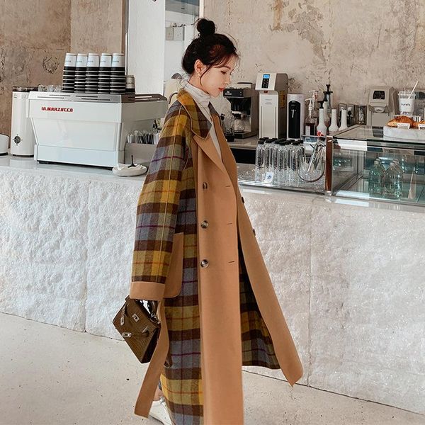 women's wool & blends chic design sense color matching plaid coat collar double breasted temperament waist faced tweed woman, Black
women's wool & blends chic design sense color matching plaid coat collar double breasted temperament waist faced tweed woman, Black