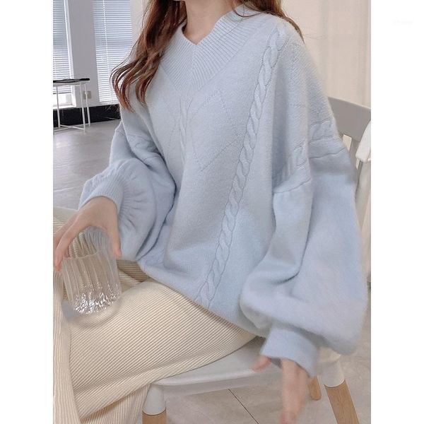 women's sweaters 2021 autumn and winter sweater fur blended soft waxy thick v-neck big lantern sleeve twist ladies, White;black
women's sweaters 2021 autumn and winter sweater fur blended soft waxy thick v-neck big lantern sleeve twist ladies, White;black