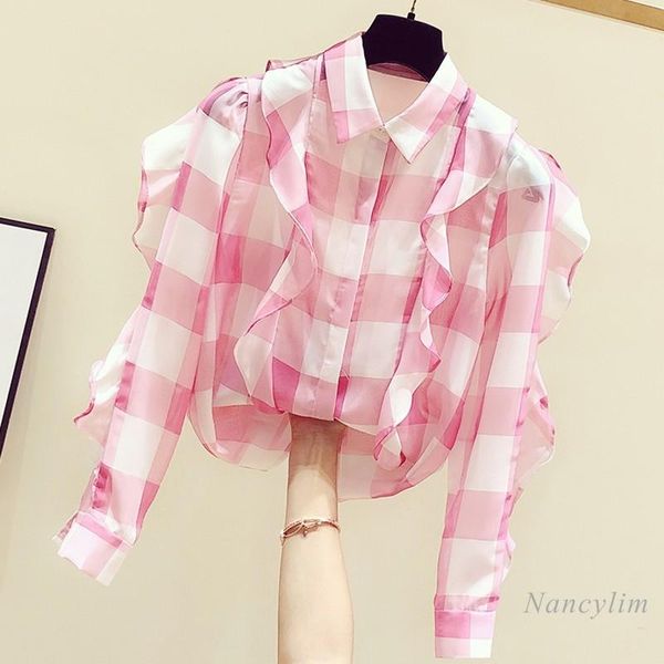 women's blouses & shirts plaid shirt women 2021 spring and summer korean style long sleeve loose lotus leaf chiffon blouse girls ladies, White
women's blouses & shirts plaid shirt women 2021 spring and summer korean style long sleeve loose lotus leaf chiffon blouse girls ladies, White