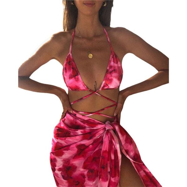 women's swimwear 3pcs women bikini set split deep v-neck lace up biquini swimsuits halter bandage printing bathing suit with cover, White;black
women's swimwear 3pcs women bikini set split deep v-neck lace up biquini swimsuits halter bandage printing bathing suit with cover, White;black