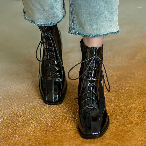 boots genuine cow patent leather women lace-up ankle british style thick-soled square toe1, Black
boots genuine cow patent leather women lace-up ankle british style thick-soled square toe1, Black