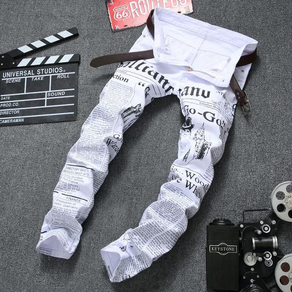 men's jeans slim stretch white spaper print street fashion pants light luxury stylish casual men;, Blue
men's jeans slim stretch white spaper print street fashion pants light luxury stylish casual men;, Blue