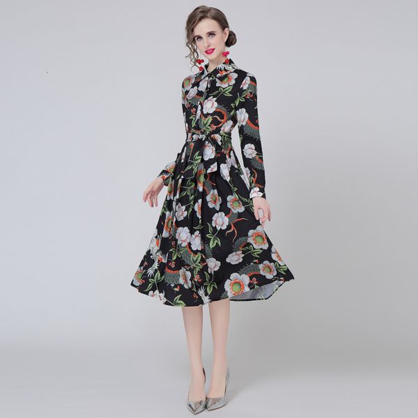 large swing skirt 2021 autumn fashion printed texture lace up bow crimp slim dress, Black;gray
large swing skirt 2021 autumn fashion printed texture lace up bow crimp slim dress, Black;gray
