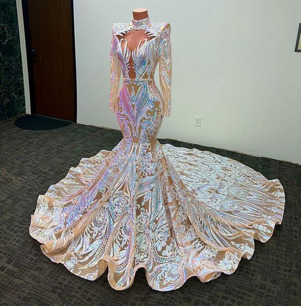 luxury sparkly mermaid evening reception gowns long sleeve applique seuqins high neck african aso ebi prom dresses robes de soirée paillette, Black