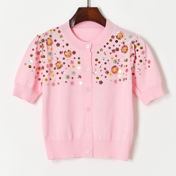 women's knits & tees summer women luxury sequins flowers beading single breasted knitted cardigan short sleeve o-neck thin a446, White
women's knits & tees summer women luxury sequins flowers beading single breasted knitted cardigan short sleeve o-neck thin a446, White