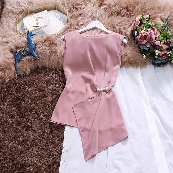 women's tanks & camis 2021 summer korean slim women tank o neck irregular chiffon vest elegant pearls 77796, White 
women's tanks & camis 2021 summer korean slim women tank o neck irregular chiffon vest elegant pearls 77796, White