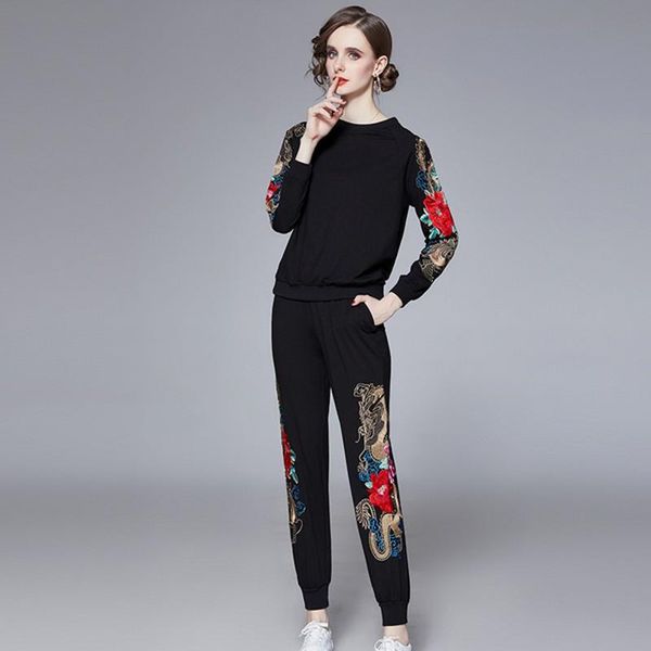 women's two piece pants 2021 autumn winter fashion embroidery +pants suits female two-piece sets, White
women's two piece pants 2021 autumn winter fashion embroidery +pants suits female two-piece sets, White