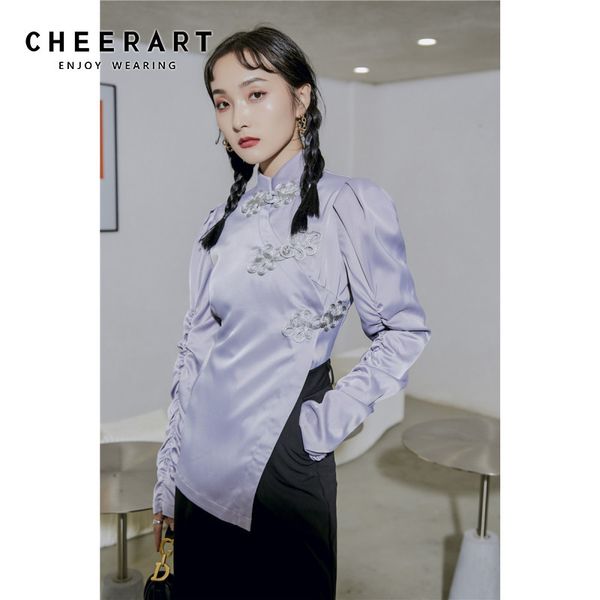vintage purple puff sleeve blouse women long frog stand collar asymmetrical ruched oblique button up shirt 210427, White
vintage purple puff sleeve blouse women long frog stand collar asymmetrical ruched oblique button up shirt 210427, White