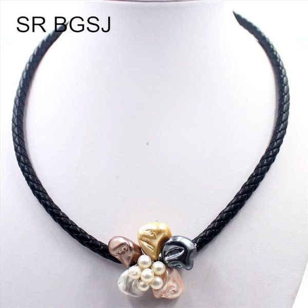 chokers beautiful flower freshwater pearl mop shell beads charm leather jewelry necklace 18", Golden;silver 
chokers beautiful flower freshwater pearl mop shell beads charm leather jewelry necklace 18", Golden;silver