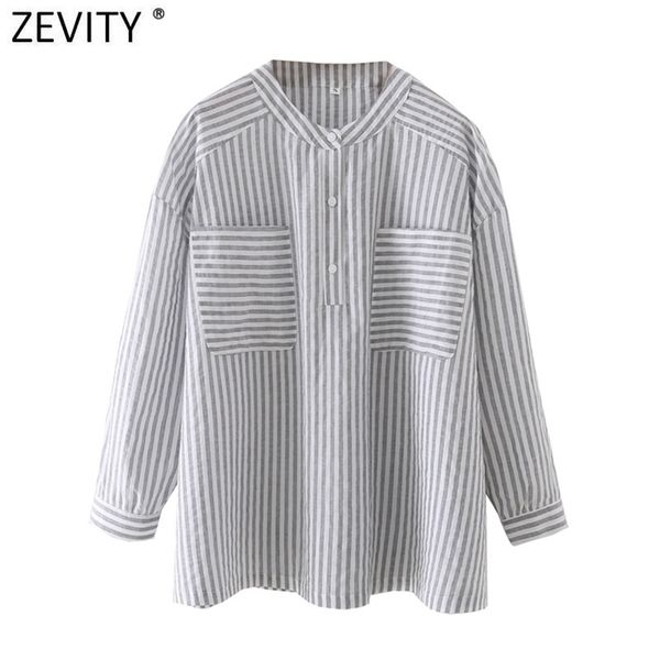 women vintage stand collar striped print shirt female double pockets patch casual business blouse chic blusas ls9152 210416, White;black
women vintage stand collar striped print shirt female double pockets patch casual business blouse chic blusas ls9152 210416, White;black