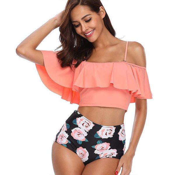 women's swimwear european and american swimsuit ruffled multicolor printed bikini high waist, White;black
women's swimwear european and american swimsuit ruffled multicolor printed bikini high waist, White;black
