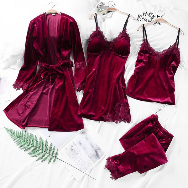 women's sleepwear winter gold velvet 4 pieces gown sets pajamas women lace robe kit sleeveless nightwear autumn fvgi, Black;red
women's sleepwear winter gold velvet 4 pieces gown sets pajamas women lace robe kit sleeveless nightwear autumn fvgi, Black;red