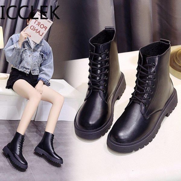boots winter shoes women round toe flats black leather platform for snow 2021 botas mujer