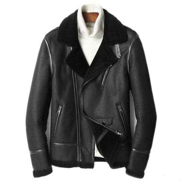 men's leather & faux genuine jacket winter real sheepskin coat for men wool fur liner motorcycle chaqueta t-12-1801my1895, Black
men's leather & faux genuine jacket winter real sheepskin coat for men wool fur liner motorcycle chaqueta t-12-1801my1895, Black