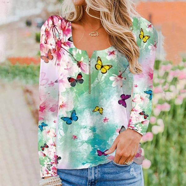 women's t-shirt women's casual fashion zipper round neck butterfl y printing long-sleeved pullovers loose autumn spring tee shirt, White 
women's t-shirt women's casual fashion zipper round neck butterfl y printing long-sleeved pullovers loose autumn spring tee shirt, White