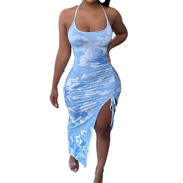 women's dresses 2021 tie dye drawstring ne split long skirt girl, Black;gray