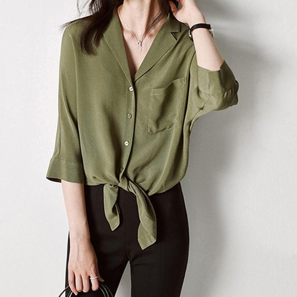 women's blouses & shirts women knotted hem shirt 10% silk solid three quarter sleeve notched ol blouse and with buttons simple, White
women's blouses & shirts women knotted hem shirt 10% silk solid three quarter sleeve notched ol blouse and with buttons simple, White