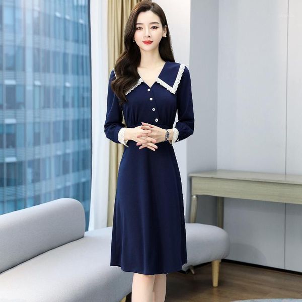 spring autumn women dress fashion lace patchwork big turn-down collar long sleeve casual dresses, Black;gray 
spring autumn women dress fashion lace patchwork big turn-down collar long sleeve casual dresses, Black;gray